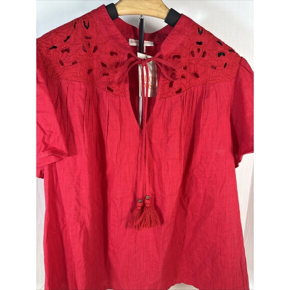 Knox Rose Red Eyelet Boho Tassel Blouse Size Large Flutter Short Sleeve - Picture 2 of 11
